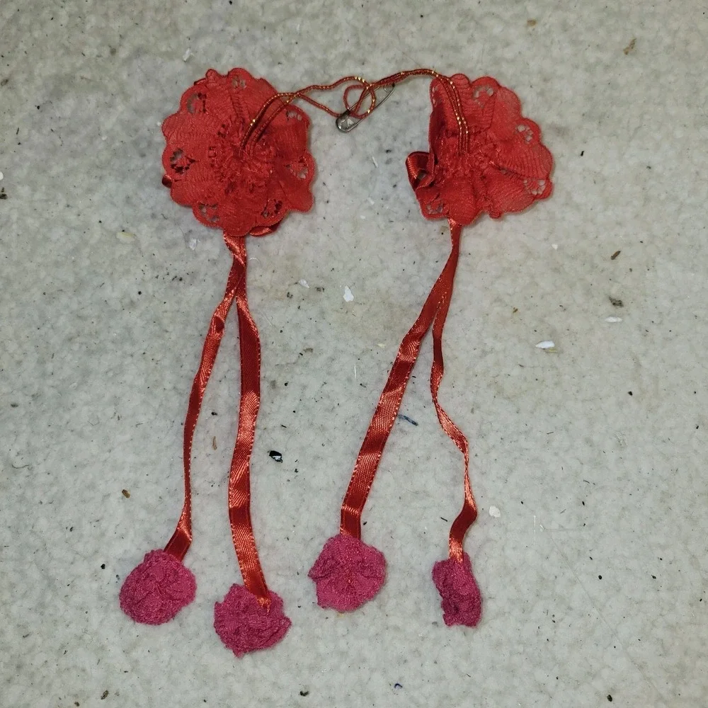 Vintage Red Satin Lace Hair Clips Kitty Charm Ribbon‎ Barrettes Set